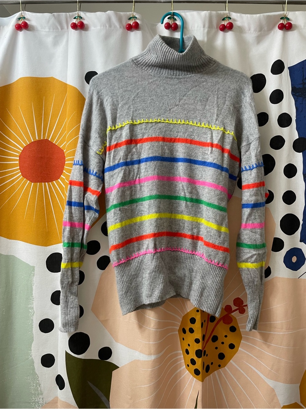 Autumn Cashmere Gray Turtleneck Sweater with Neon Multi Stripes